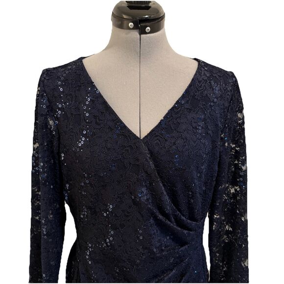 Ralph Lauren‎ Blue Midi Long Sleeves dress lace and sequins sz 14 Ruched Waist - Picture 1 of 9